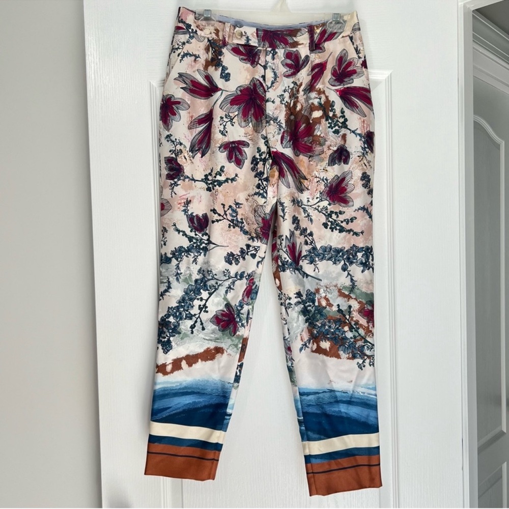 Peter Millar Sz 4 SILK Floral Pleated High Rise Crop Cigarette Trouser Pants